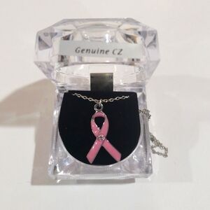 Silver tone & Pink - CZ Crystal Breast Cancer Awareness Necklace - Women Jewelry